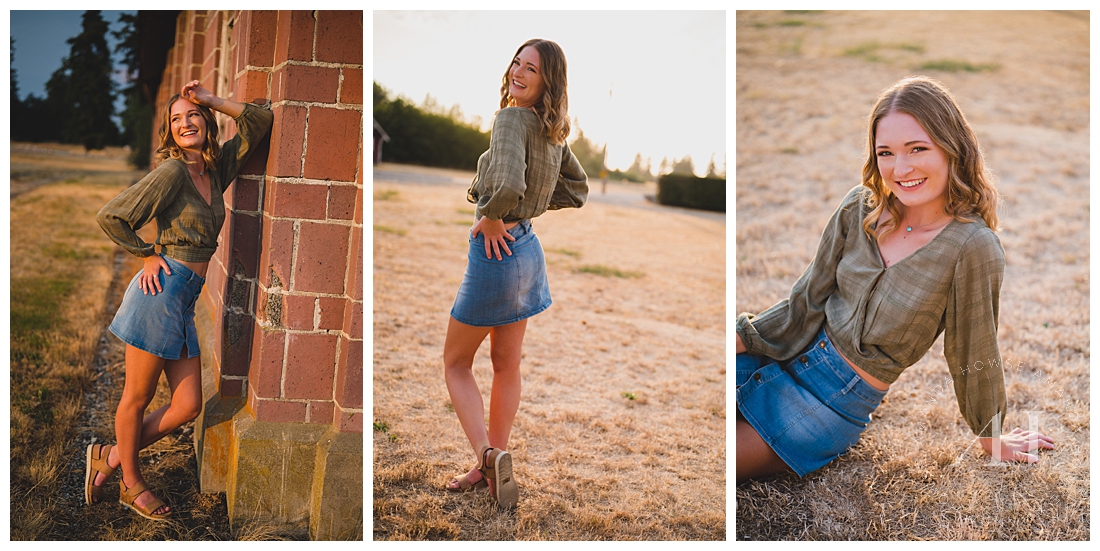 Rustic Senior Portraits Posing with Brick Wall | Retro Outfit Ideas, Jean Skirt and Cute Sandal Look | Photographed by the Best Tacoma Senior Photographer Amanda Howse Photography