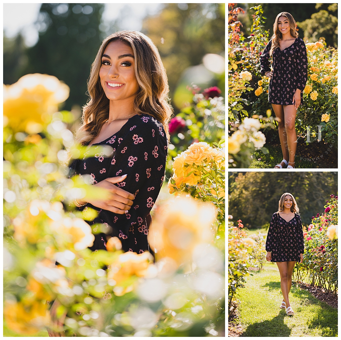 Sunlit Senior Portraits in Rose Garden | Summer Outfit Inspo, Floral Dress and Cute Sandals | Photographed by the Best Tacoma Senior Photographer Amanda Howse Photography