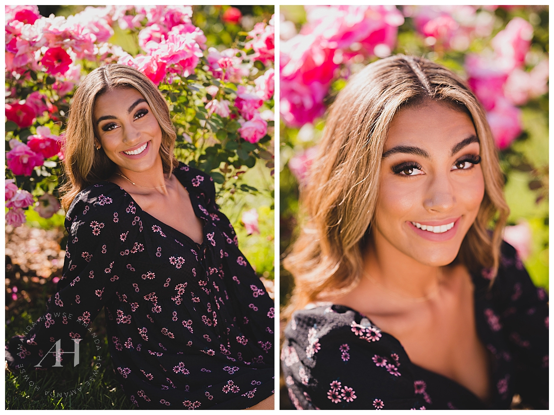 Hair and Makeup Inspiration | Gorgeous Senior Portraits with Pink Floral Background | Photographed by the Best Tacoma Senior Photographer Amanda Howse Photography