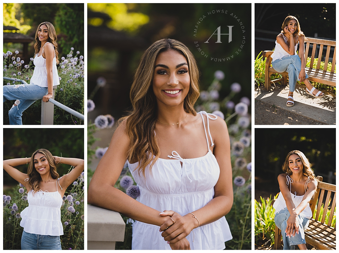 Senior Posing Guide with Park Bench | Cute White Tank Top and Sandals Outfit for Senior Pictures | Photographed by the Best Tacoma Senior Photographer Amanda Howse Photography