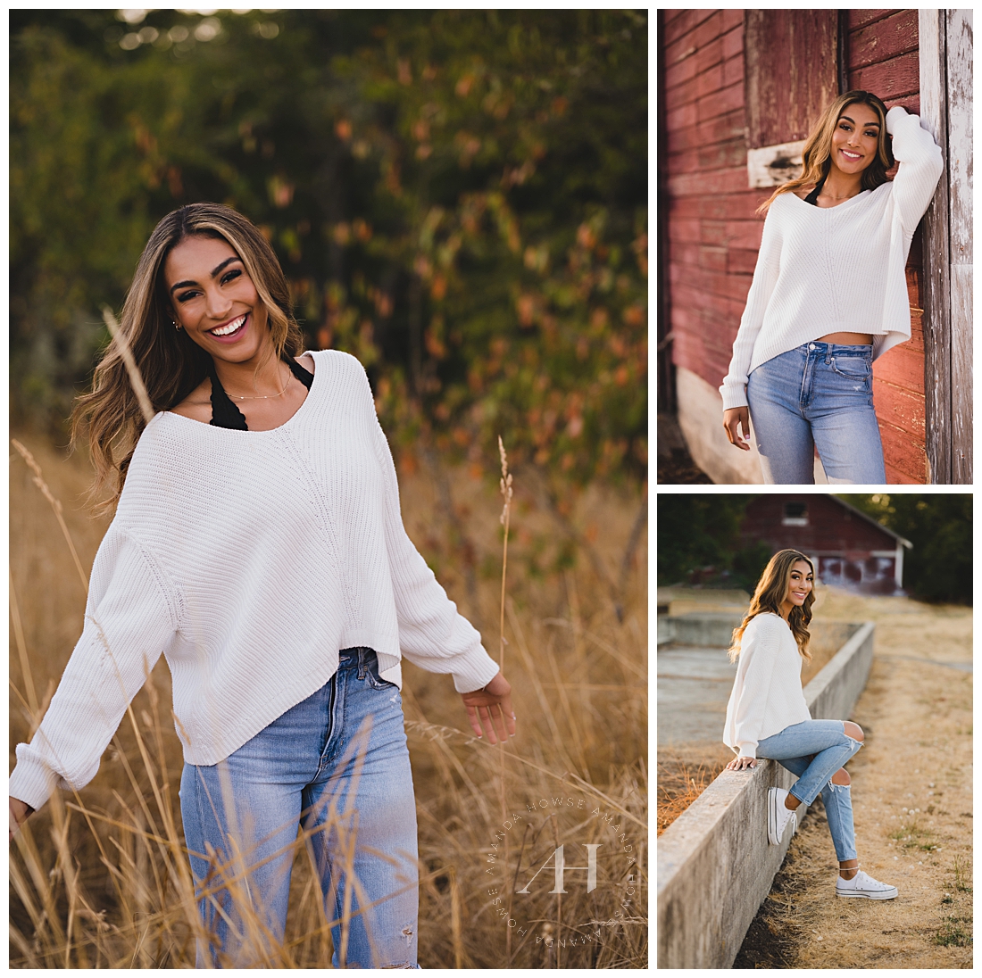 Fun High School Styles to Wear All Year Long | Senior Portrait Outfit Inspo, White Sweater and Ripped Jeans Combo, Rustic Senior Photoshoot with Red Barn | Photographed by the Best Tacoma Senior Photographer Amanda Howse Photography