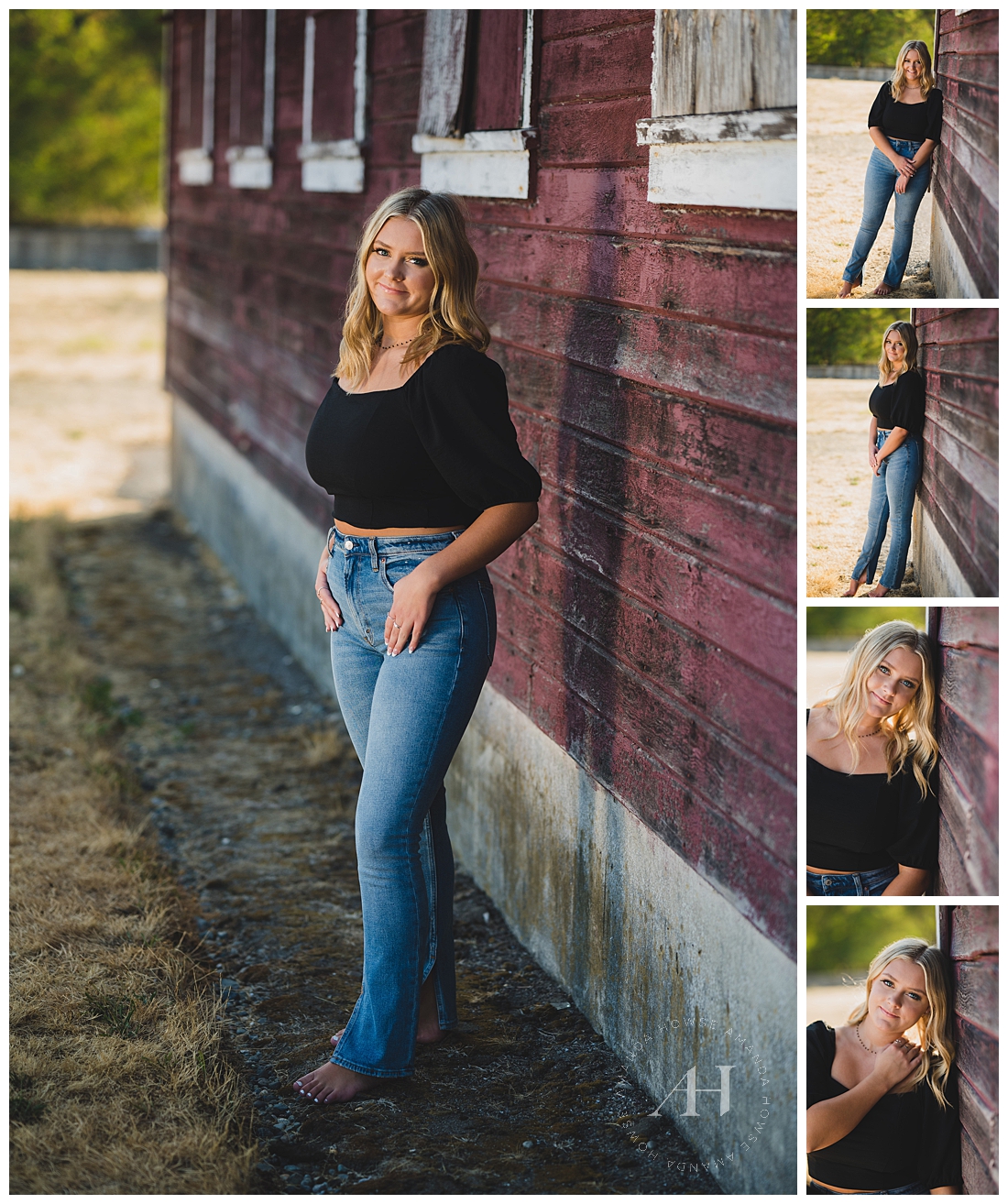 Barefoot and Blue Jean Summer Portraits | Senior Styles in Front of Red Barn, Black Top and Jeans Outfit Ideas | Photographed by the Best Tacoma Senior Photographer Amanda Howse Photography