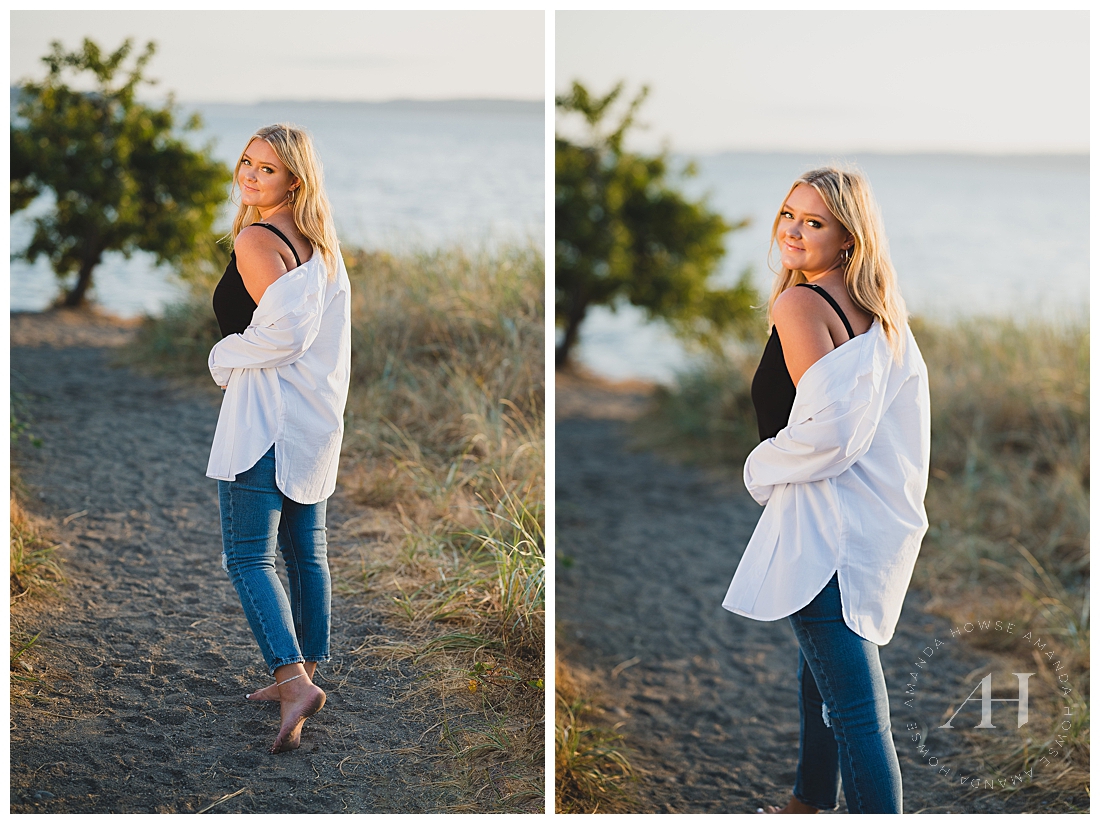 Whimsy Barefoot Senior Photographs | Styling an Oversized Button-Up For Cute Outfits, Summer Style Ideas | Photographed by the Best Tacoma Senior Photographer Amanda Howse Photography