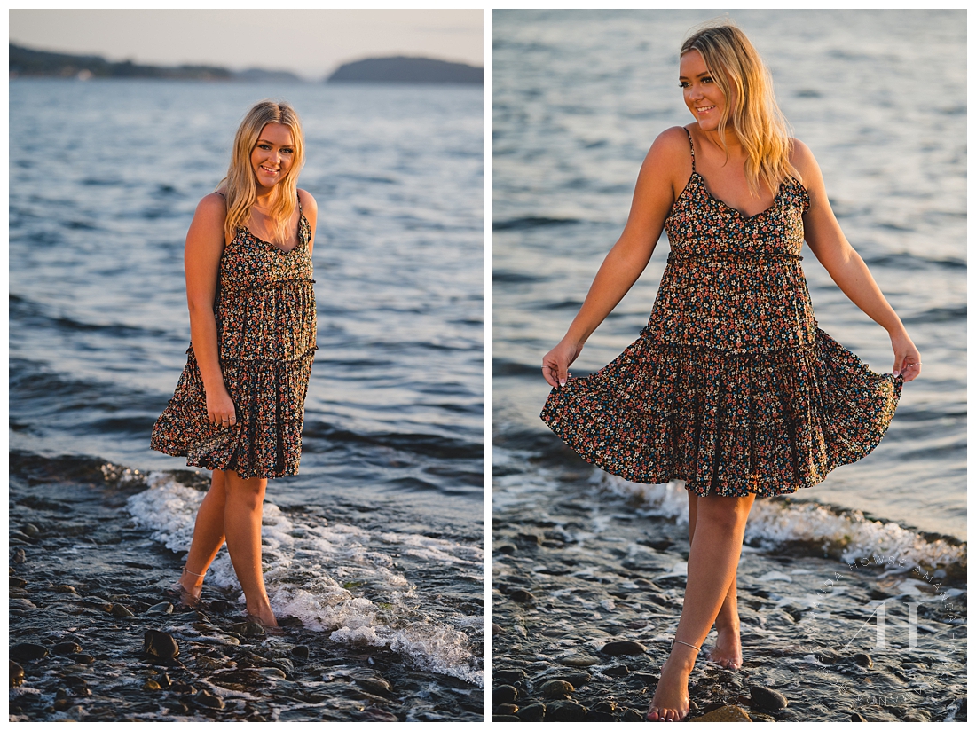 Waterfront Sunset Senior Session | Fun Beach Photo Ideas, Floral Summer Dresses | Photographed by the Best Tacoma Senior Photographer Amanda Howse Photography
