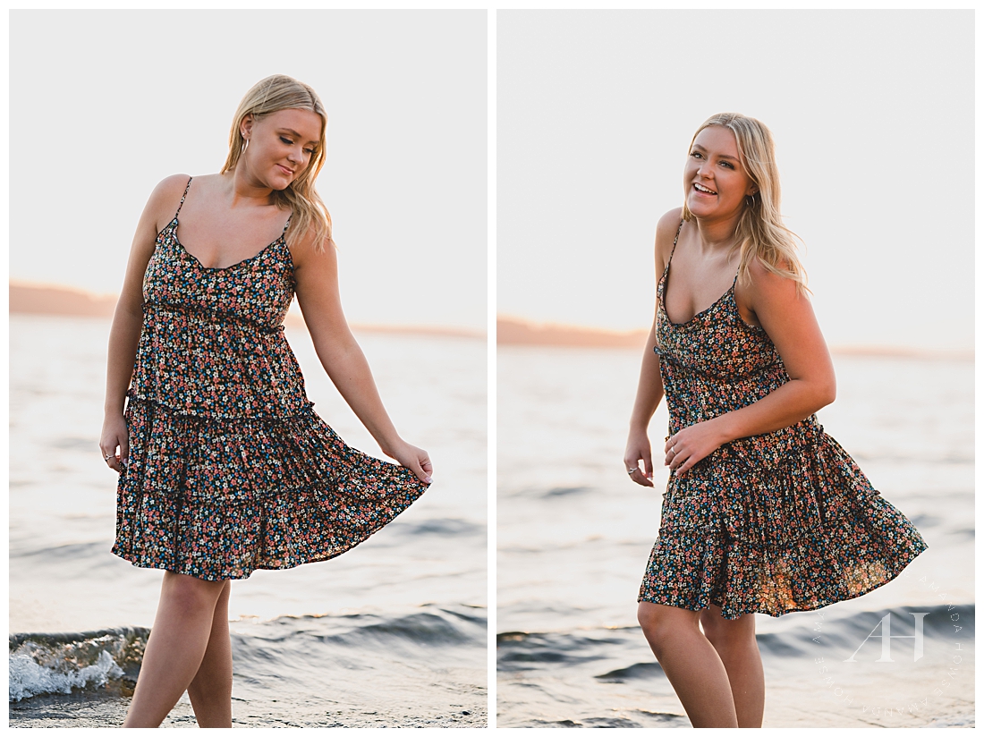 Beach View Senior Portraits | Golden Hour Beach Photo Session, Ocean Waves and Sunshine, Cute Flowy Sundress Ideas | Photographed by the Best Tacoma Senior Photographer Amanda Howse Photography