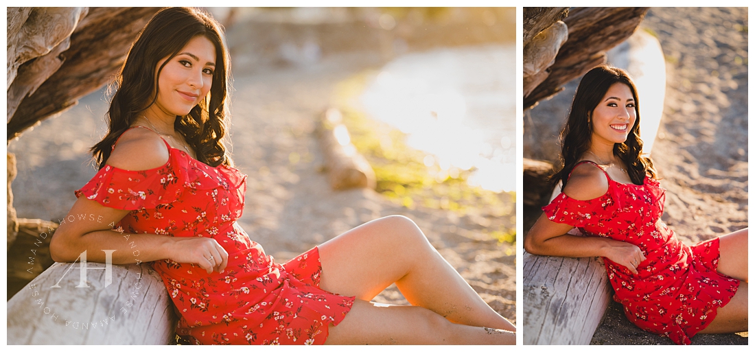 Beachy Summer Photos with Driftwood | Red Summer Dress with Bare Feet, Cute Poses for Summer Beach Senior Session | Photographed by the Best Tacoma Senior Portrait Photographer Amanda Howse Photography