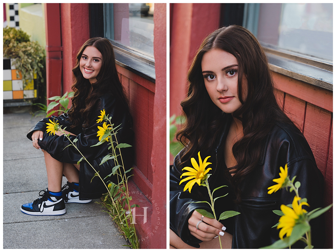 City Shots with Yellow Flowers | Red Wall Backdrops | Photographed by the Best Tacoma Senior Photographer Amanda Howse Photography