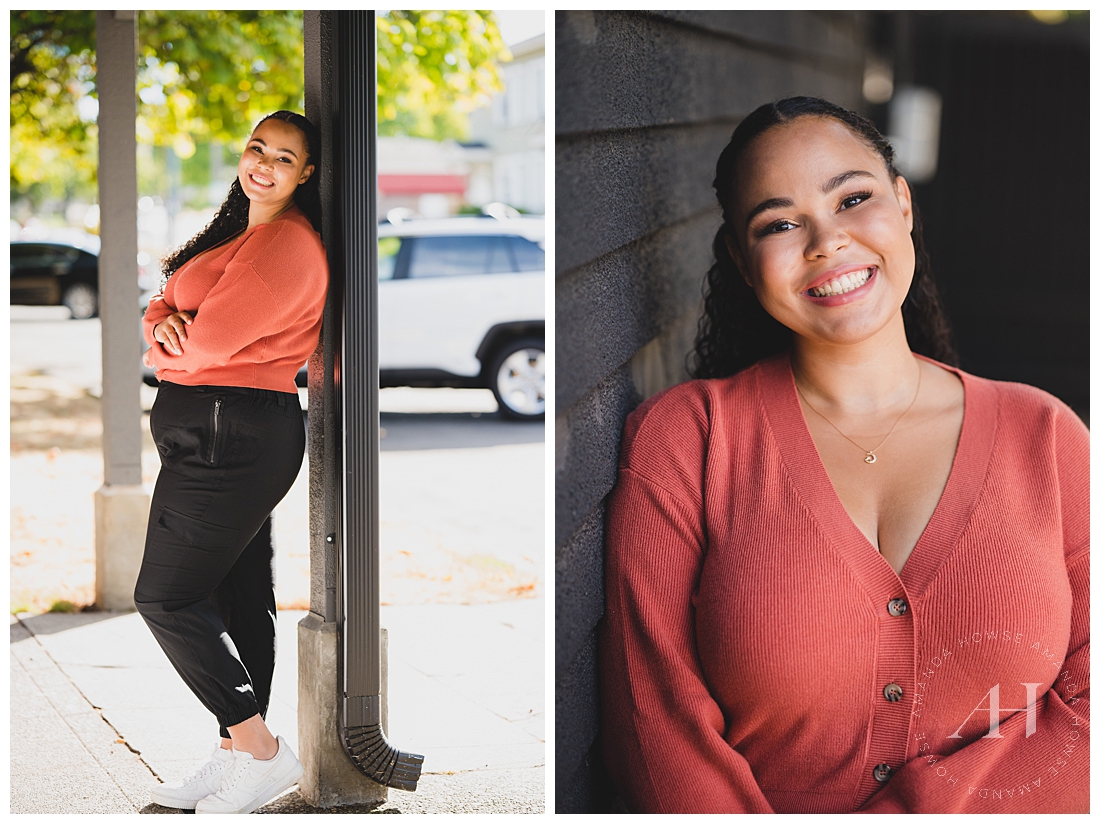 Urban Tacoma Senior Portraits | Cute Orange Sweater and Black Jeans Fit | Photographed by the Best Tacoma Senior Photographer Amanda Howse Photography