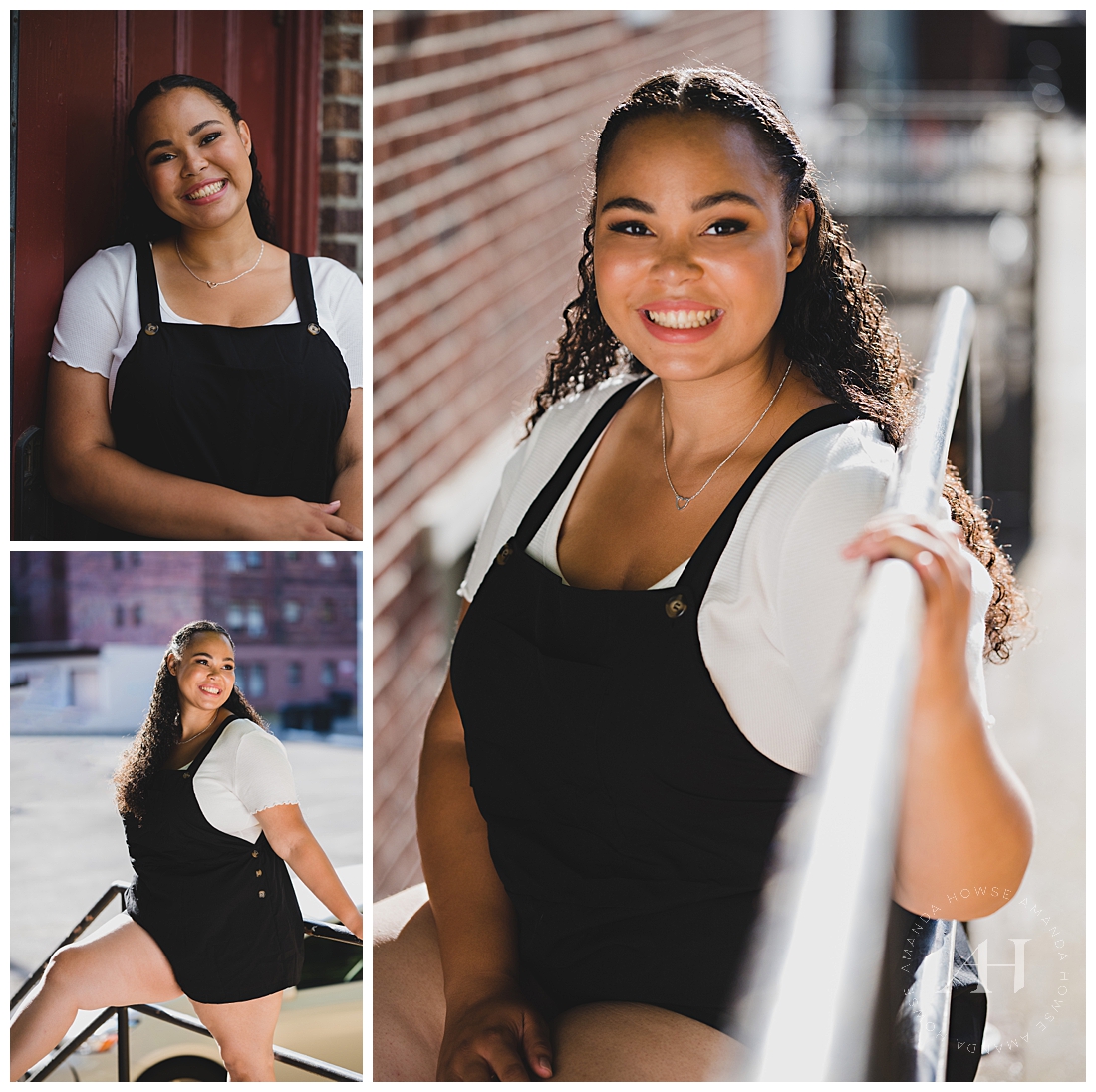 Poses Using Handrails in the City | B&W Senior Session Outfits, Black Romper with Cute White Top | Photographed by the Best Tacoma Senior Photographer Amanda Howse Photography