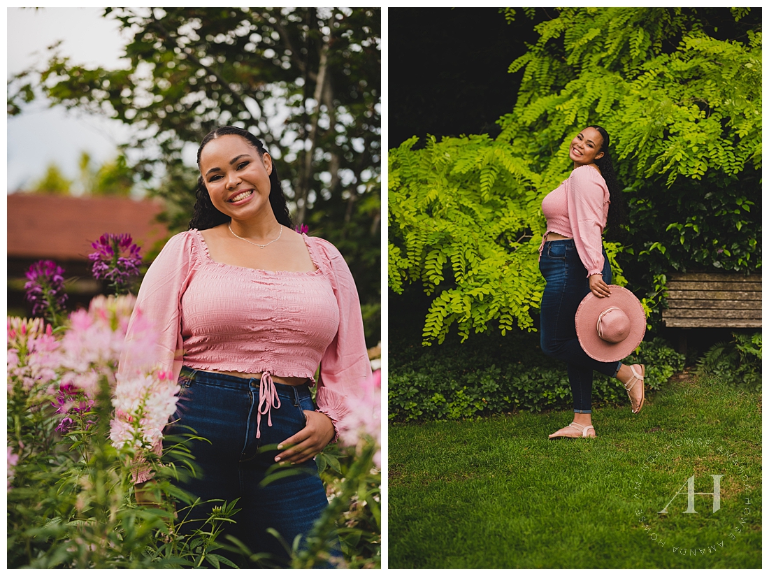 Flower Garden Senior Session | Adorable Senior Poses and Outfits, Pink Hat and Jeans | Photographed by the Best Tacoma Senior Photographer Amanda Howse Photography