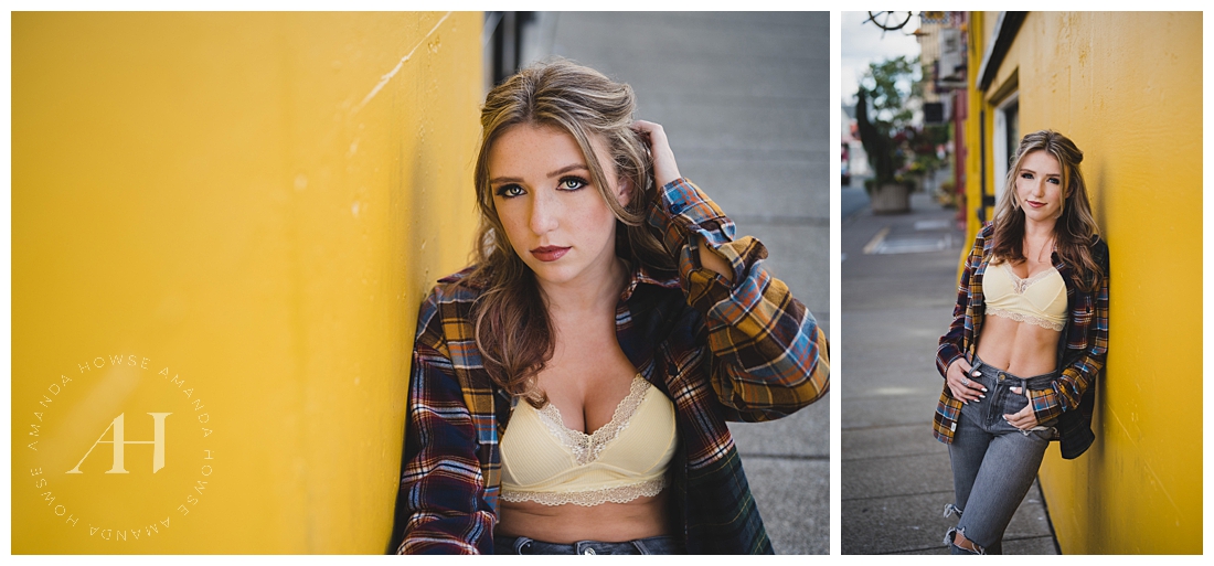 Bright Yellow Opera Alley Photoshoot | Flannel and Bralette Outfit Combo | Photographed by the Best Tacoma Senior Photographer Amanda Howse Photography