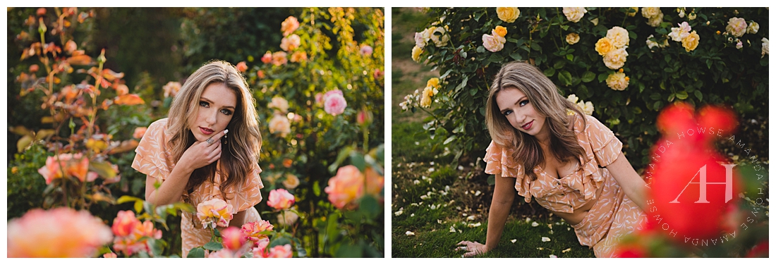 Rose Garden Portraits | Peach Summer 2 Piece Outfit, Cute Summer Portrait Locations | Photographed by the Best Tacoma Senior Photographer Amanda Howse Photography