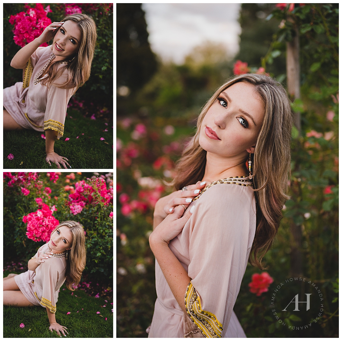 Darling Senior Portraits in Rose Garden | Flirty Florals, Vintage Sheer Dress with Gold Details | Photographed by the Best Tacoma Senior Photographer Amanda Howse Photography