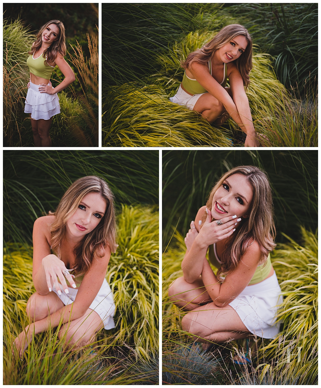 Grassy Outdoor Senior Photos | Olive Halter Top and White Skirt, Senior Pose Ideas | Photographed by the Best Tacoma Senior Photographer Amanda Howse Photography
