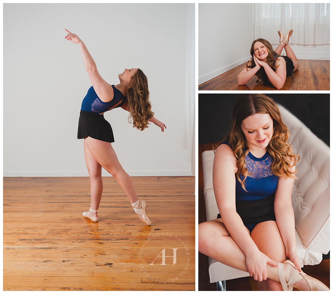 Ballet Studio Portraits | Royal Blue Leotard, Outfits for Senior Ballerinas | Photographed by the Best Tacoma Senior Photographer Amanda Howse Photography
