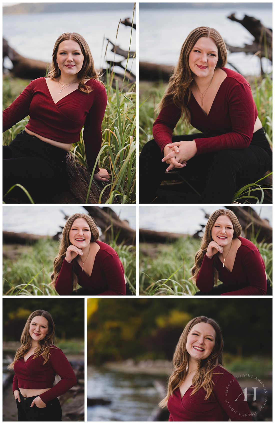 Early October Photoshoot by Ocean | Waterfront Senior Pictures, Maroon Long-Sleeve with Cute Black Jeans | Photographed by the Best Tacoma Senior Photographer Amanda Howse Photography