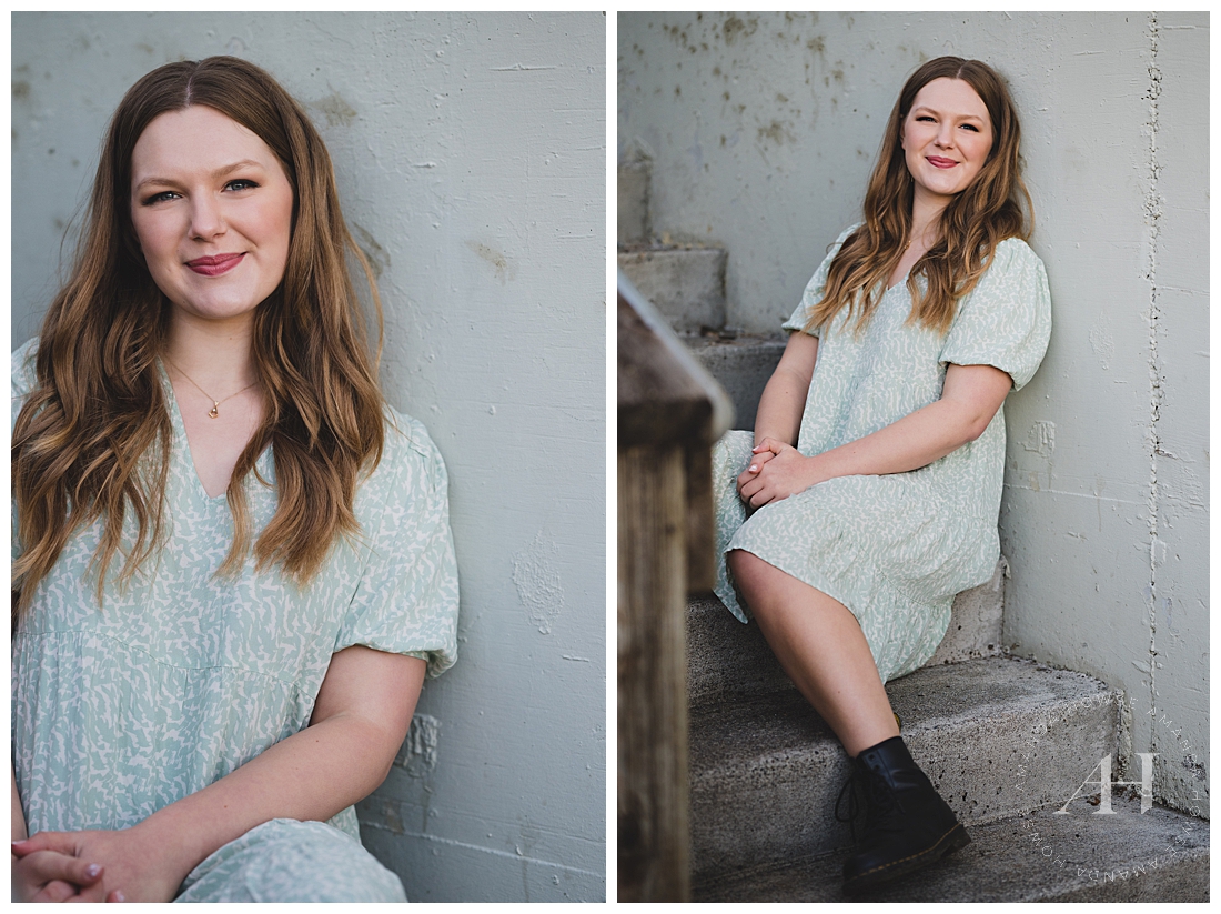 Relaxed Senior Portraits on Concrete Stairwell | Sun Dress and Doc Martens | Photographed by the Best Tacoma Senior Photographer Amanda Howse Photography