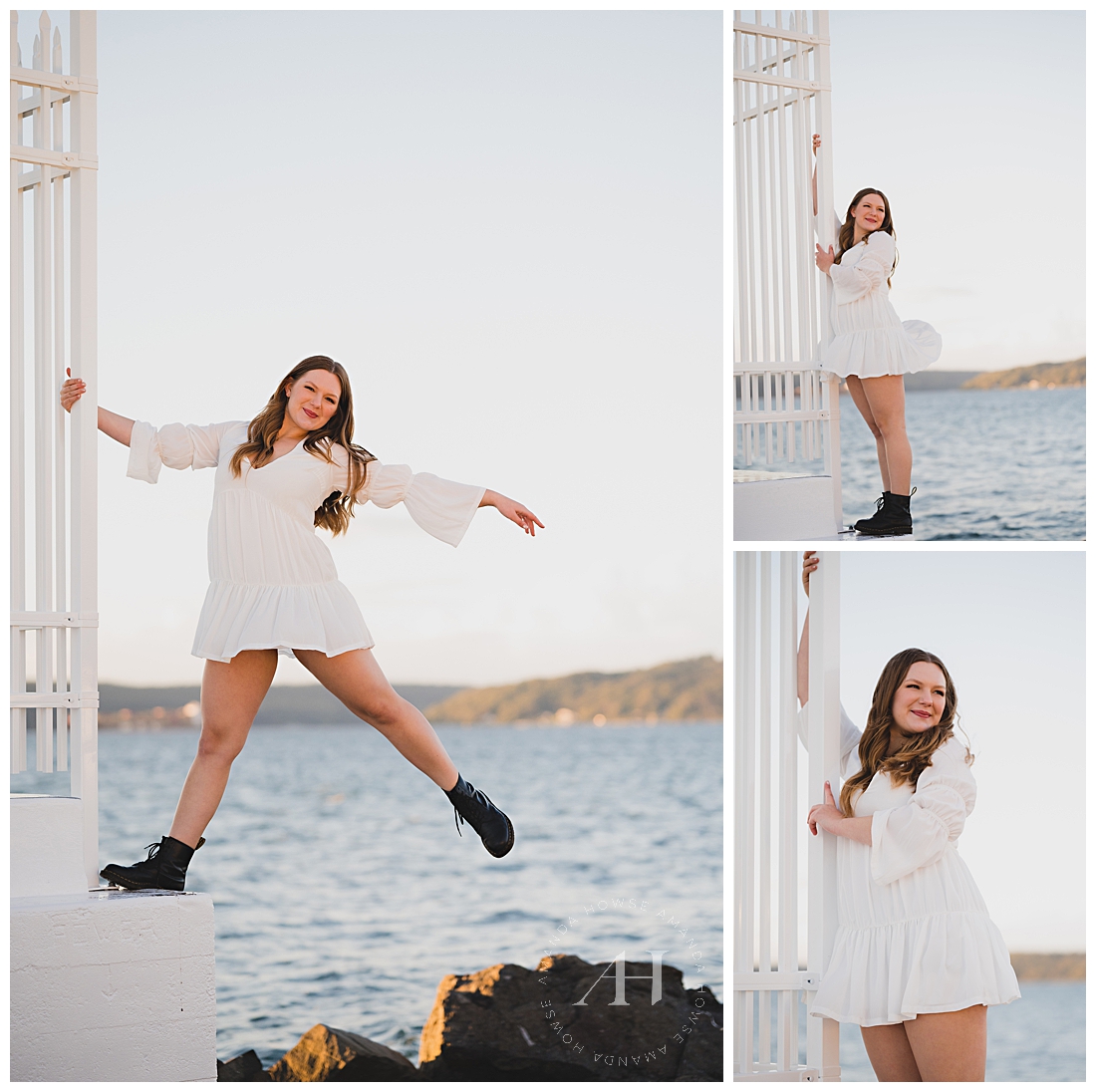 Adventurous Ideas For Senior Photos | Long-Sleeve White Dress and Doc Martens, Waterfront Poses | Photographed by the Best Tacoma Senior Photographer Amanda Howse Photography