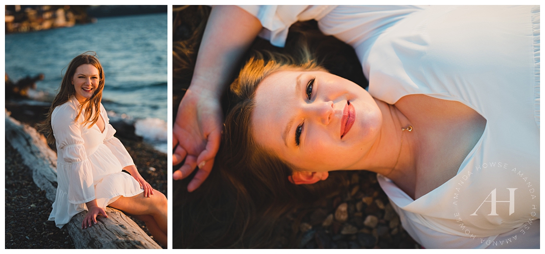 Driftwood Senior Photos by Ocean | White Dress on Beach, Rock Beach in Tacoma | Photographed by the Best Tacoma Senior Photographer Amanda Howse Photography