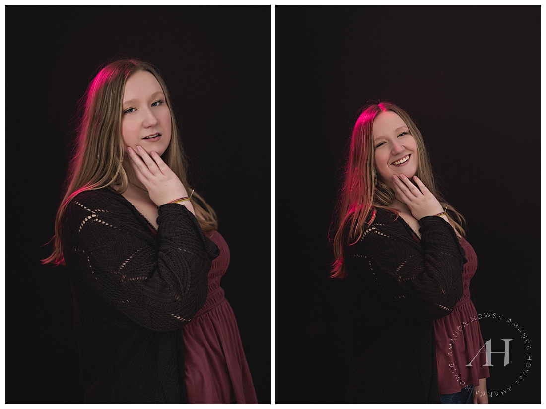 Studio Portrait Ideas | Pink lights Photoshoot | Photographed by the Best Tacoma Senior Portrait Photographer Amanda Howse Photography