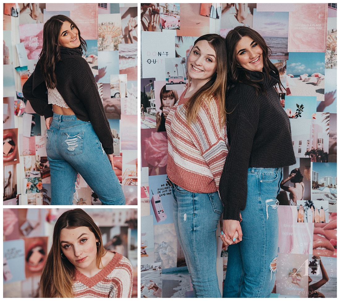 BFF Photoshoot | Fun Winter Sweaters, Pink and Blue Studio Wall Art | Photographed by the Best Tacoma Senior Portrait Photographer Amanda Howse Photography