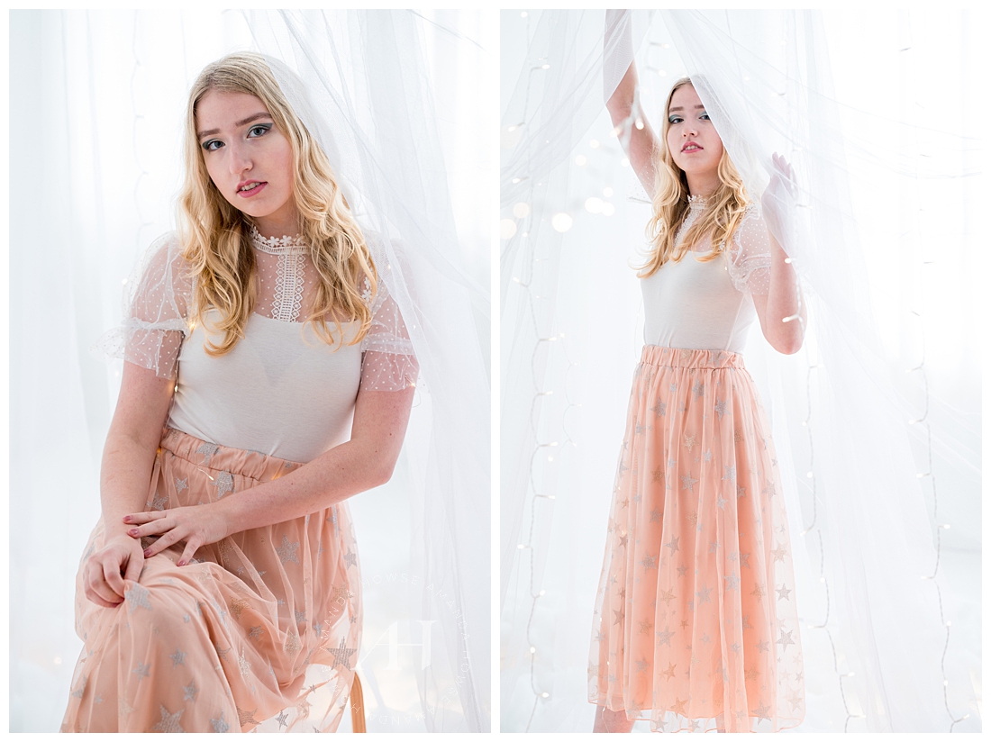 Dreamy Star Skirt Portrait | Studio253 Photography, White Top and Peach Skirt | Photographed by the Best Tacoma Senior Portrait Photographer Amanda Howse Photography