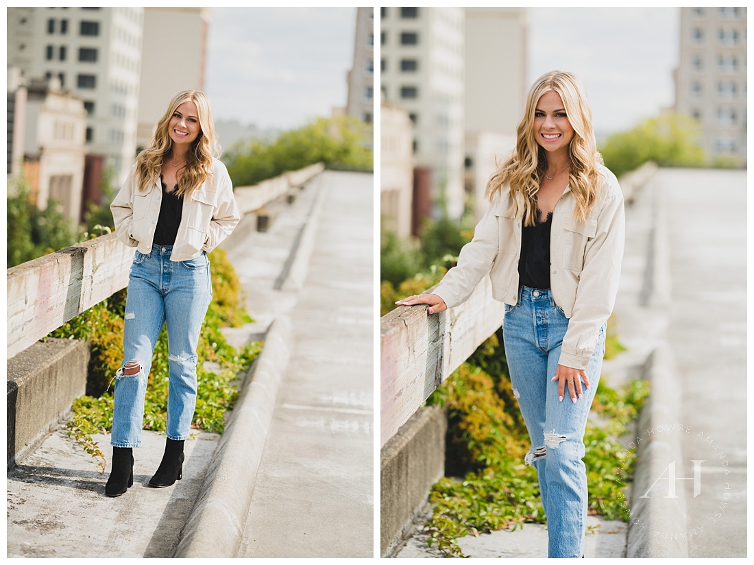 Urban City Senior Shots | Cute White Jacket and Ripped Jeans Combo, Causal Senior Portrait Ideas | Photographed by the Best Tacoma Senior Photographer Amanda Howse Photography