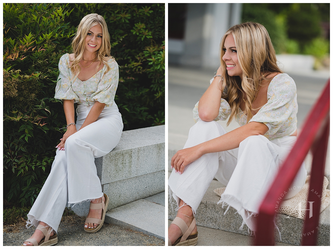 Cute Poses For Sitting on Stairs | Cute and Casual Senior Portraits Ideas | Photographed by the Best Tacoma Senior Photographer Amanda Howse Photography