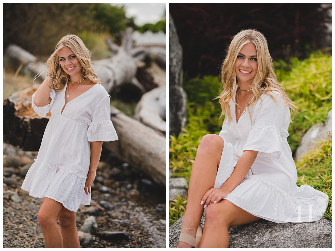 Smiley Outdoor Photoshoot with Driftwood | Cute Summer Outfit Ideas | Photographed by the Best Tacoma Senior Photographer Amanda Howse Photography