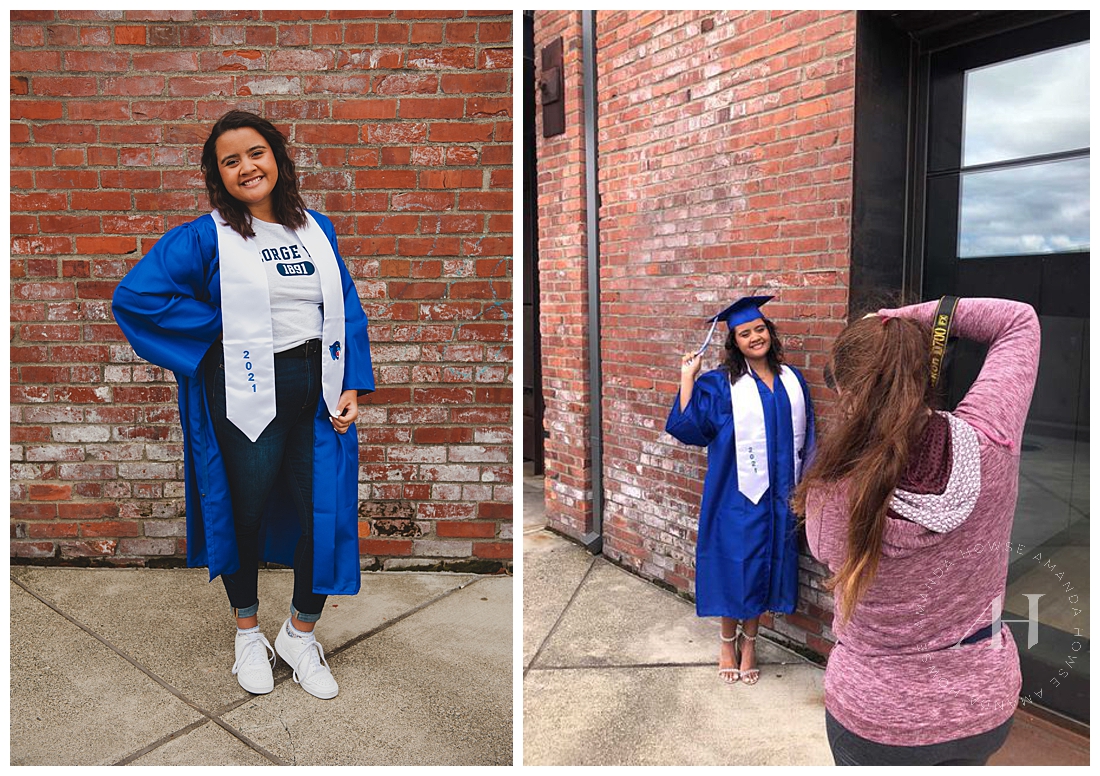 Senior Picture with Cap and Gown | BTS Shoot, Blue Graduation Colors, How-To Style Your Gown | Photographed by the Best Tacoma Washington Senior Photographer Amanda Howse Photography