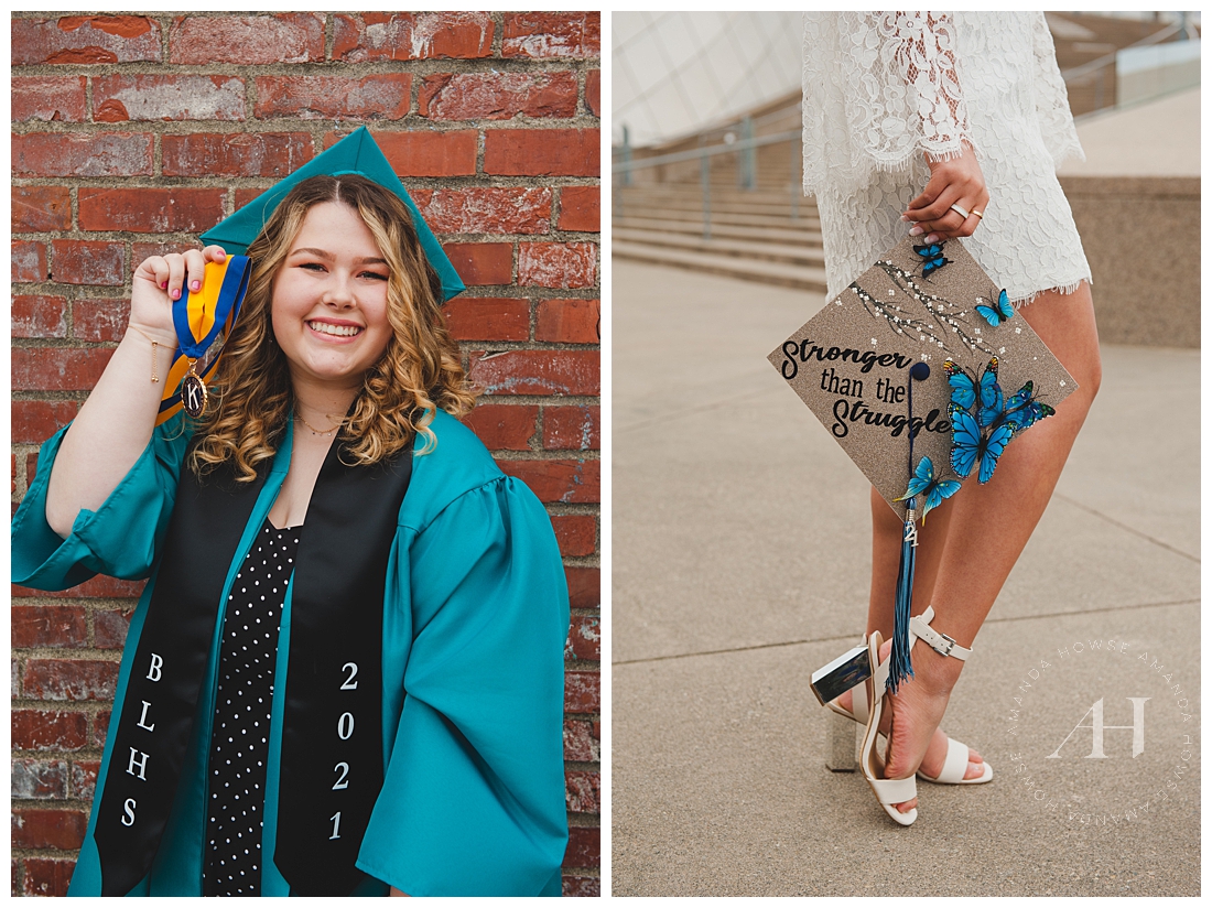 How-To Cap and Gown Styles For High School Senior Girls | Gap Decoration Ideas, 2022 Senior Grads, Blue and White Cap Design | Photographed by the Best Tacoma Washington Senior Photographer Amanda Howse Photography