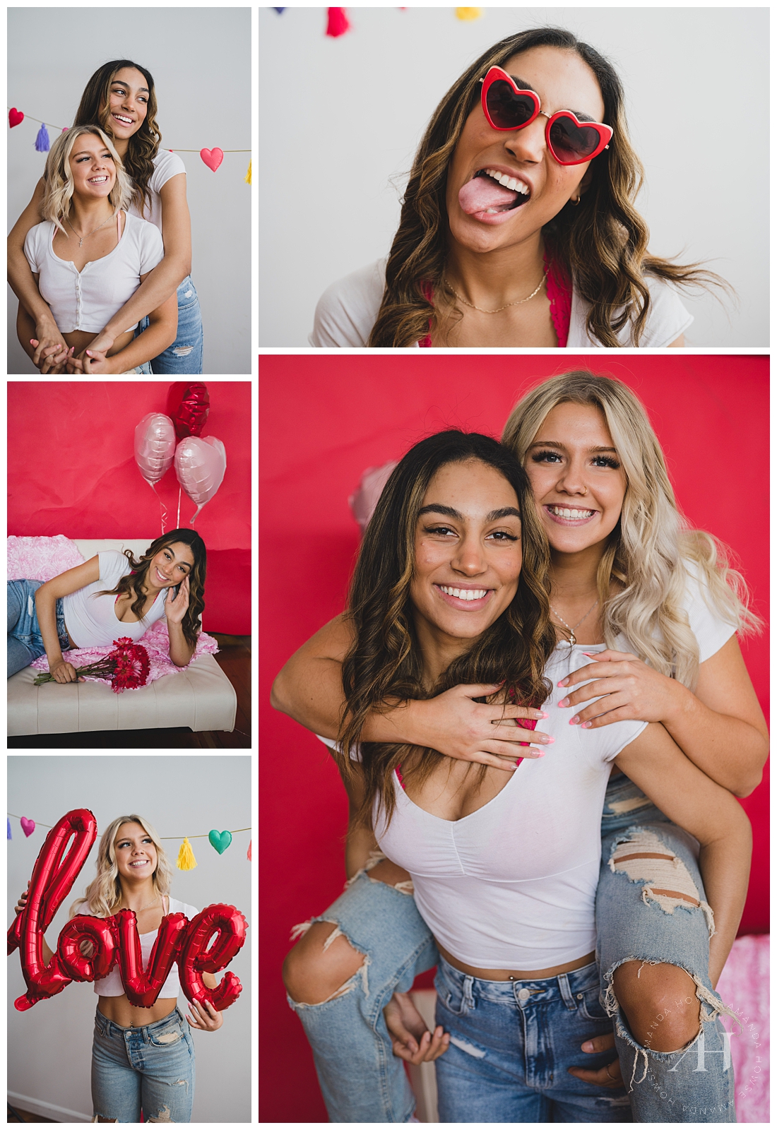 BFF Model Shoot | Red Seamless Backdrop and White Couch | Photographed by the Best Tacoma Senior Portrait Photographer Amanda Howse Photography