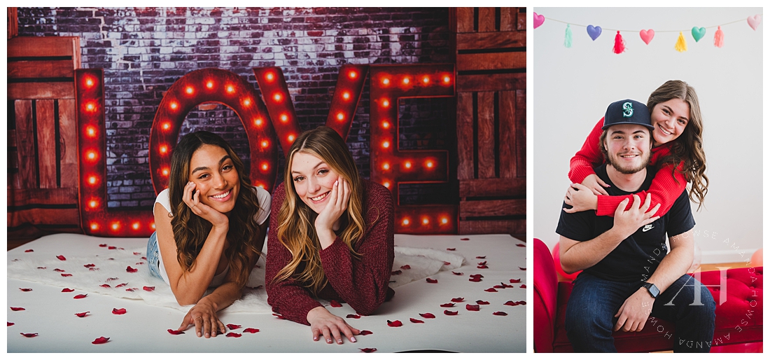 BFF & BF V-Day Studio Session | Hollywood Lights Love Backdrop | Photographed by the Best Tacoma Senior Portrait Photographer Amanda Howse Photography