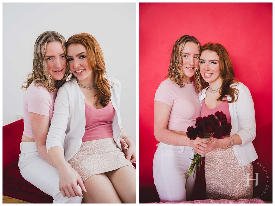 Red and White BFF Portraits | Cute Pink and White Outfits For Senior Girls, Themed Studio Session, Studio253 | Photographed by the Best Tacoma Senior Portrait Photographer Amanda Howse Photography