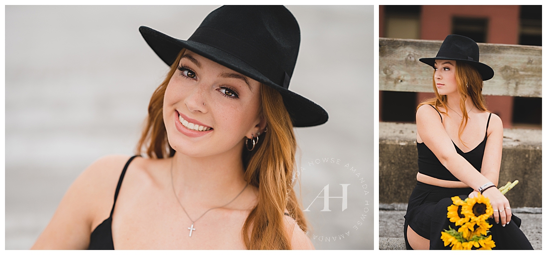 Sunflower Senior Photos | Trendy Black Hat and Cropped Two-Piece Fit, Summer in Tacoma | Photographed by the Best Tacoma Senior Photographer Amanda Howse Photography