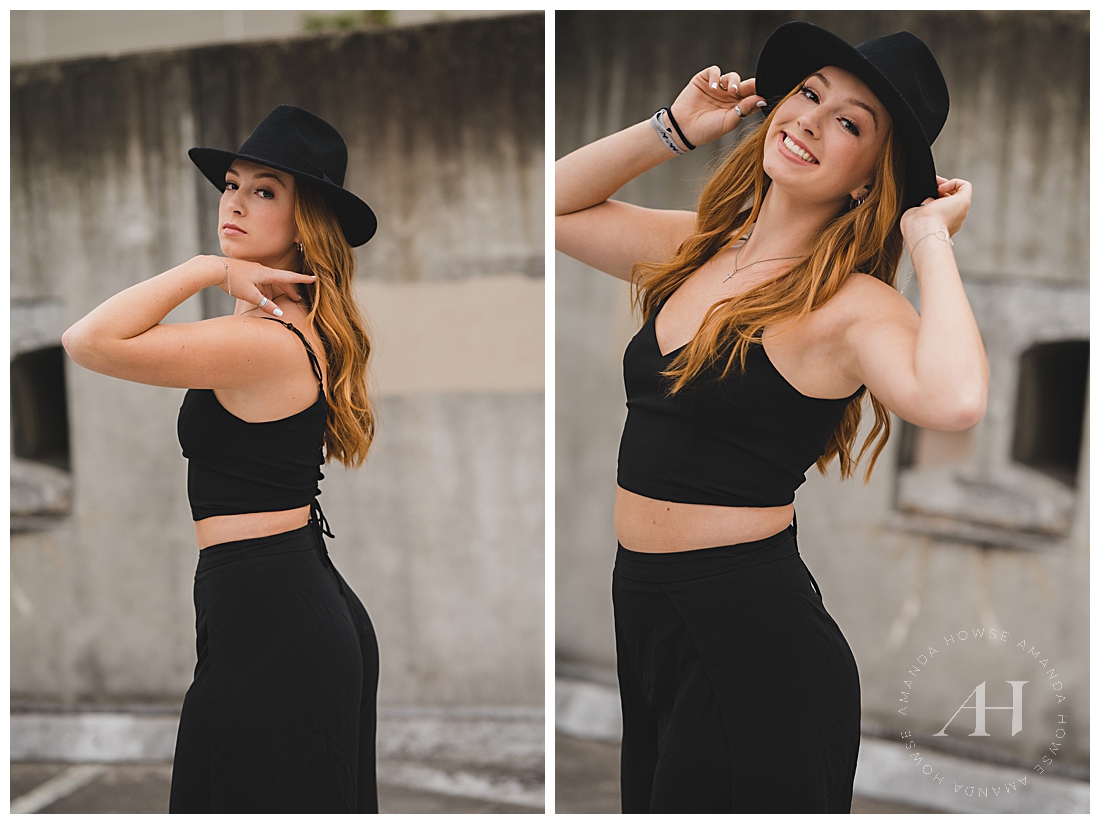 City Photoshoot with Concrete Background | Cute Senior Fashion , B&W Outfit Ideas, Styling Black Hats | Photographed by the Best Tacoma Senior Photographer Amanda Howse Photography