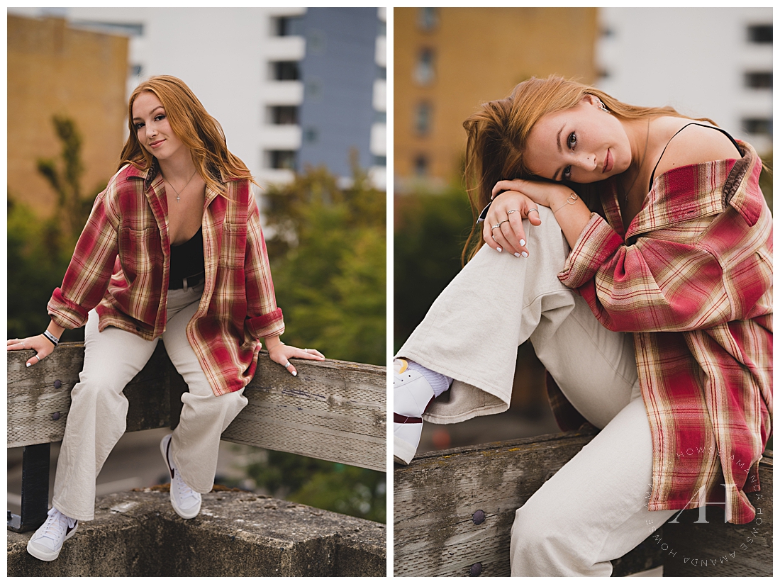 PNW High School Senior Girl in Flannel | PNW Fashion, Red Vintage Flannel and Black Crop Fit | Photographed by the Best Tacoma Senior Photographer Amanda Howse Photography