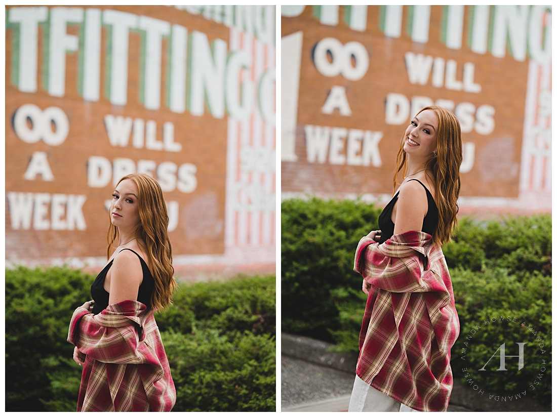 Cute Senior Portrait with Vintage Downtown Sign | Casual Outfits For Photoshoots | Photographed by the Best Tacoma Senior Photographer Amanda Howse Photography
