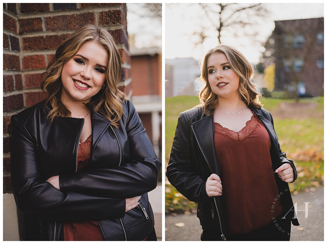 Wright's Park Tacoma, WA. Senior Photos | Leather Jackets and Fall Tank Outfit | Photographed by the Best Tacoma Washington Senior Photographer Amanda Howse Photography