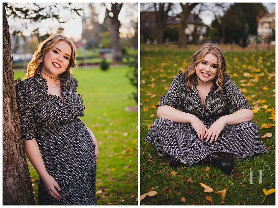 Fall Portraits at Wright's Park | Trees and Leaves, Black and White Patterned Dress | Photographed by the Best Tacoma Washington Senior Photographer Amanda Howse Photography
