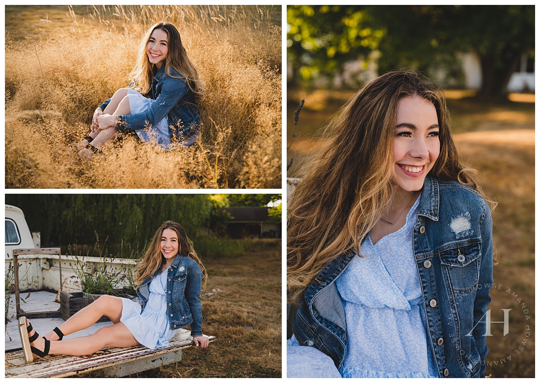 Farmhouse Chic Themed Portraits | Cute Senior Portrait Ideas, Blue Sundress with Strappy Sandals and Jean Jacket, PNW Summertime | Photographed by the Best Tacoma Senior Photographer Amanda Howse Photography