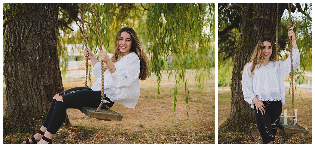 Cute Senior Session with Farm Swings | Rustic Senior Session, Flowy White Eyelet Shirt and Ripped Black Jeans | Photographed by the Best Tacoma Senior Photographer Amanda Howse Photography