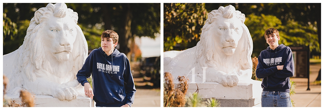 Fun Senior Guy Portraits With Lion Statue in Wright Park | Pose Ideas for High School Guys | Photographed by the Best Tacoma, Washington Senior Photographer Amanda Howse Photography