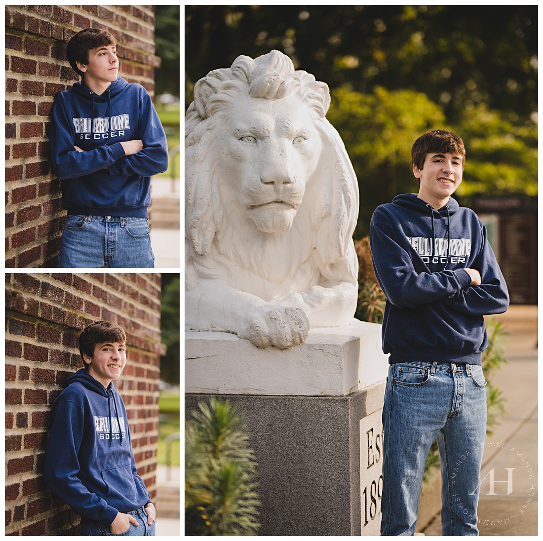 Outdoor Senior Session with Brick Background and Park Statue | Cool Weather Outfit Ideas For Senior Guys | Photographed by the Best Tacoma, Washington Senior Photographer Amanda Howse Photography