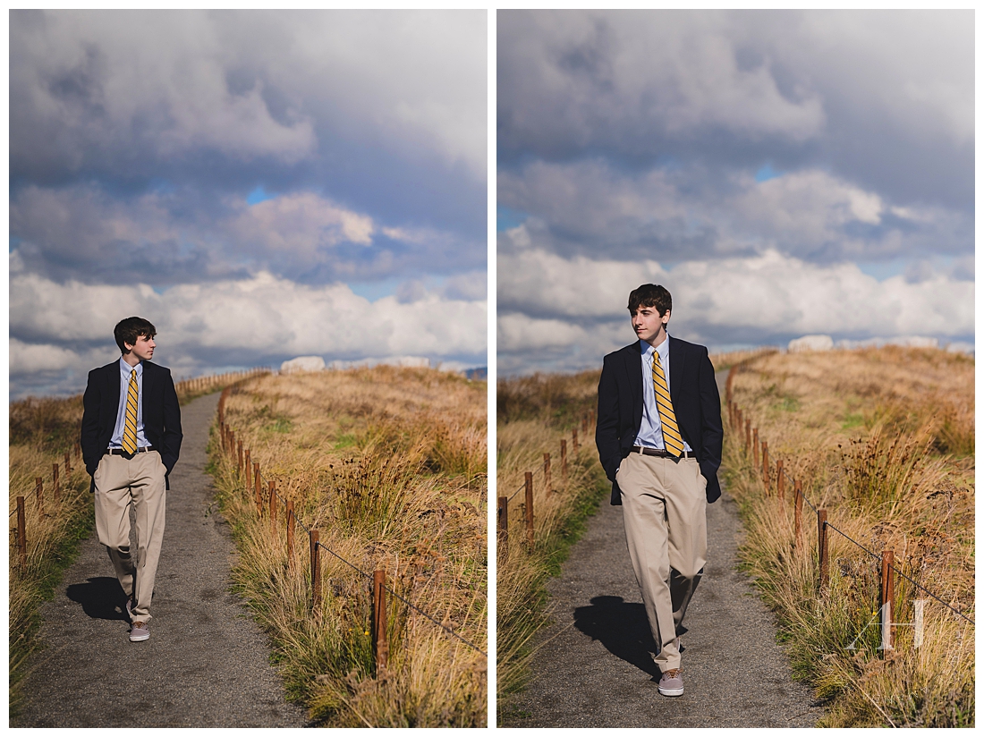 Golden Hour Senior Portraits at Dunes Park | PNW Photoshoot locations, Golden Grass Field and Blue Cloudy Sky | Photographed by the Best Tacoma, Washington Senior Photographer Amanda Howse Photography