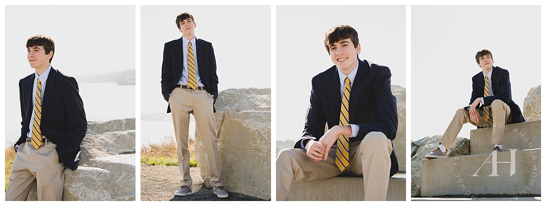 Dressy Beach Front Senior Portraits For Guys | How to Wear a Suit For Senior Pics | Photographed by the Best Tacoma, Washington Senior Photographer Amanda Howse Photography
