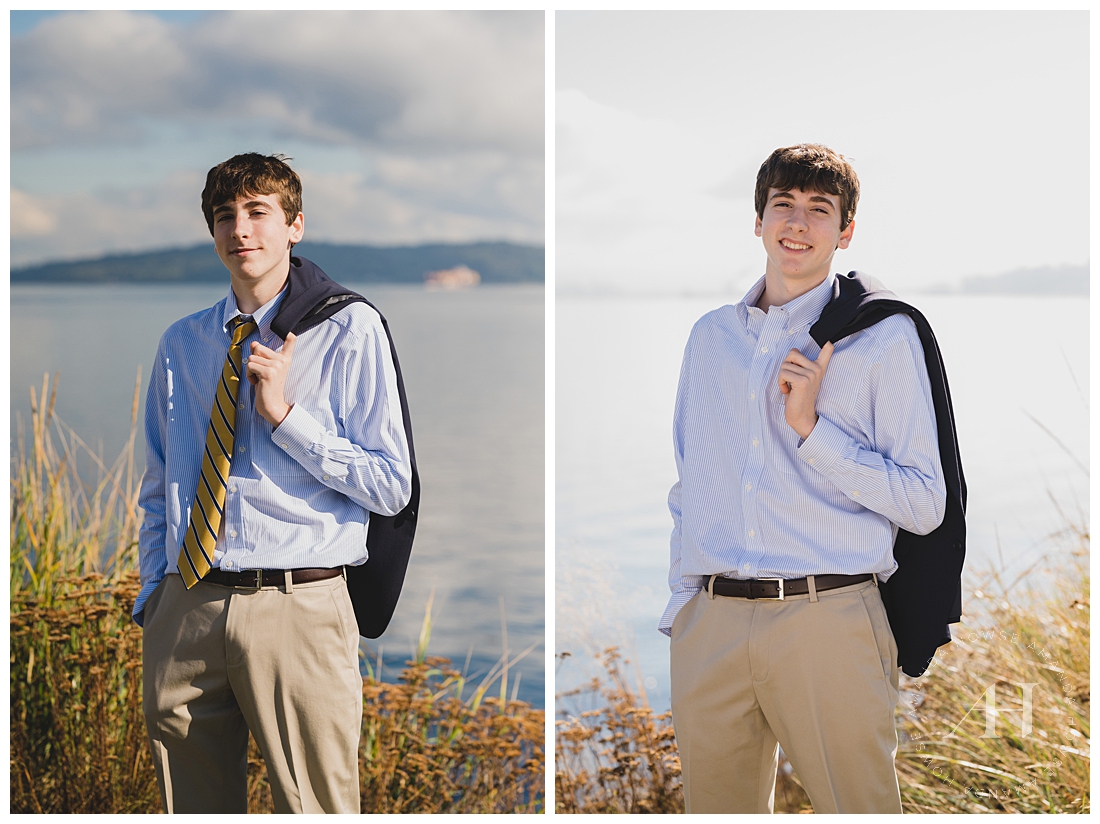 Business Casual Beachfront Senior Portraits | Puget Sound Seniors, Blue Dress Shirt and Yellow Tie | Photographed by the Best Tacoma, Washington Senior Photographer Amanda Howse Photography