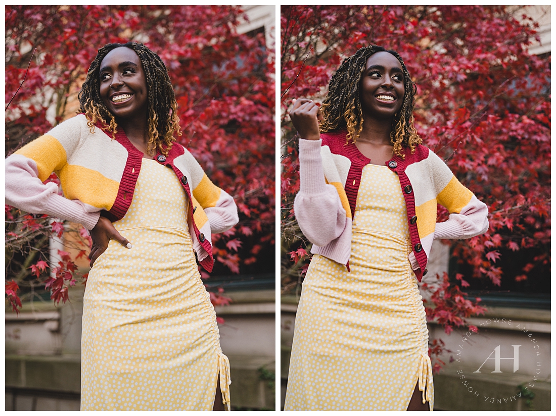 How to Wear a Cute Dress in Fall | Yellow Dress with Striped Sweater, Senior Fit Ideas For Girls | Photographed by the Best Tacoma Washington Senior Photographer Amanda Howse Photography