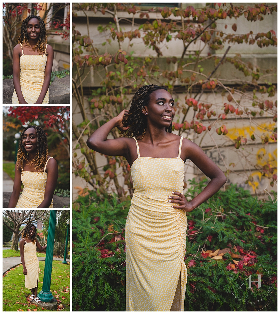Fall Dress Senior Photos with Leaves | Yellow Dress with White Flowers | | Photographed by the Best Tacoma Washington Senior Photographer Amanda Howse Photography