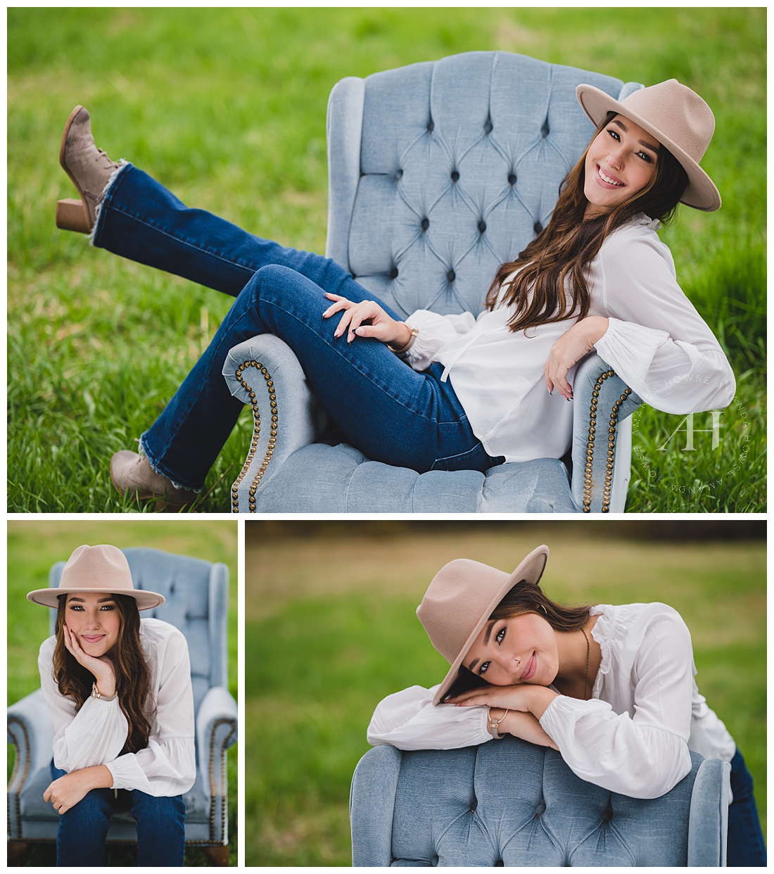 Adorable Senior Portraits in Blue Tufted Chair | Wild Hearts Farm Venue | Photographed by the Best Tacoma, Washington Senior Photographer Amanda Howse Photography